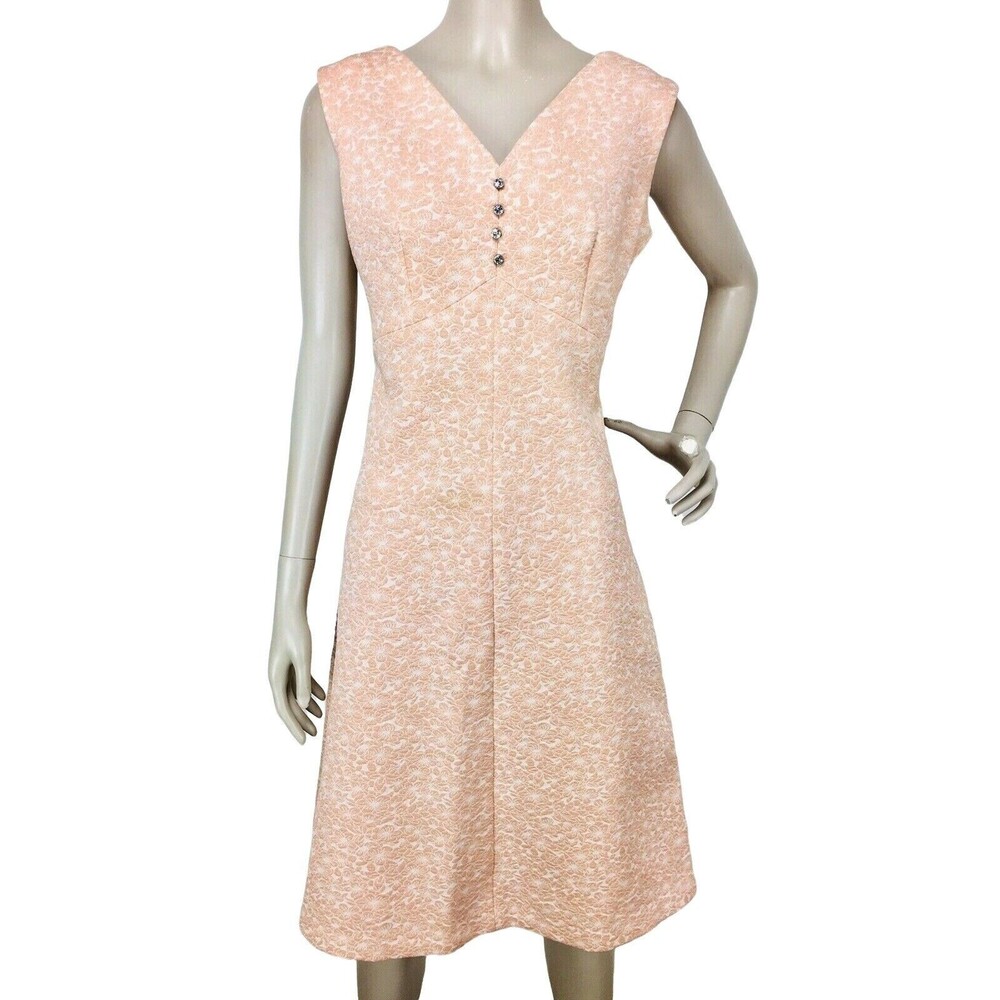 Vintage 60s Peach Floral Jacquard Sleeveless Shift Hostess Dress Bleeker Street